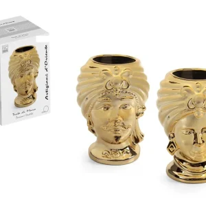 Coppia teste di moro regina e re in ceramica decorata stile siciliano vasi moderni gic (ORO ART. 670, 8 X H 13 CM)
