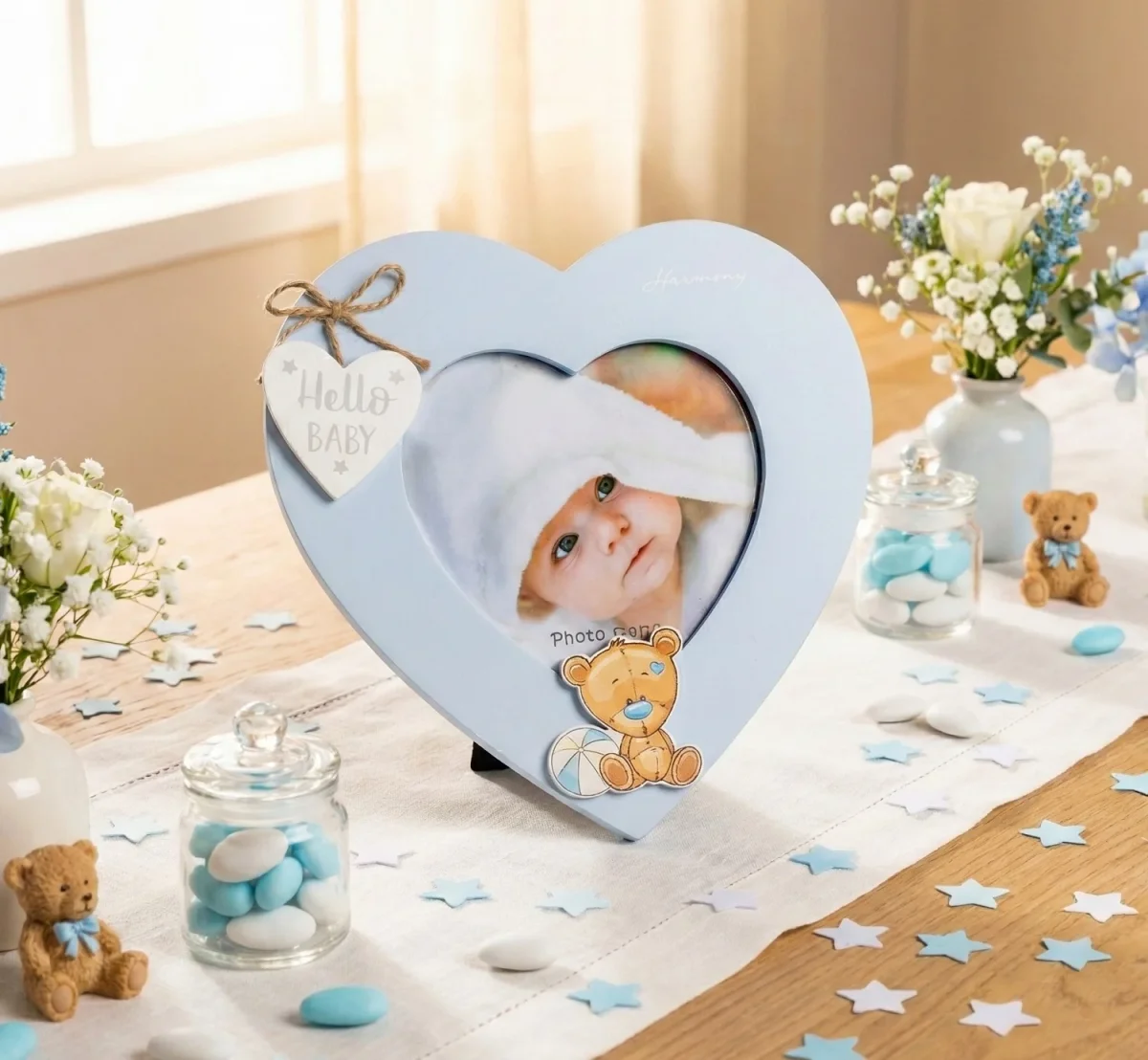 Porta foto in legno a cuore con orsetto bomboniera battesimo e nascita bambino harmony ARNB25217