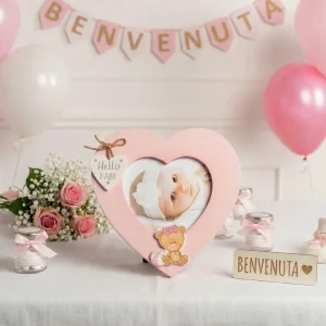 Porta Foto in Legno Cuore con orsetto bomboniera Battesimo e Nascita Bambina Harmony ARNB25218