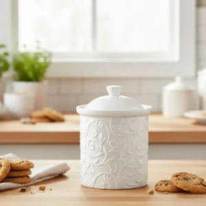 Barattolo porta biscotti in porcellana bianca bomboniera per matrimonio, ricorrenze, Harmony PRMT26123
