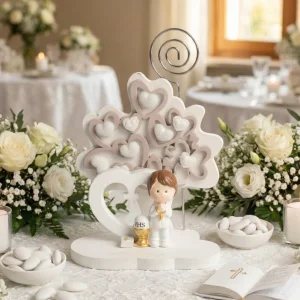 Albero della vita decorato con cuori tortora e bianco bomboniera comunione bambino Harmony RSCM25095