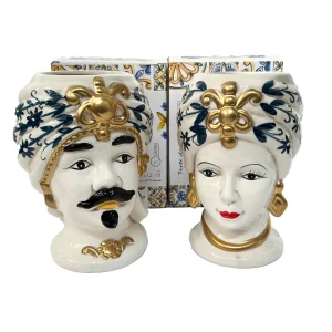 Coppia teste di moro regina e re in ceramica decorata stile siciliano vasi moderni gic (12 X H 18 CM, Oro)